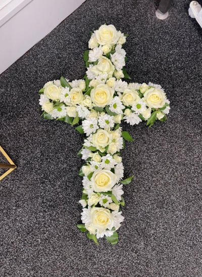 Cross SYM-329 - White Massed 120cm Cross with Red & Blue Spray.