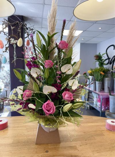Roses & Ruffles - Pink Roses and Carnations make this gift timeless and classic